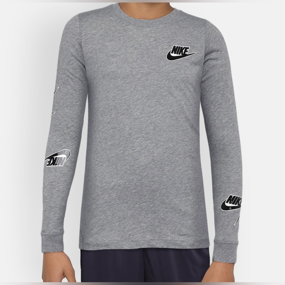 NIKE Boys Size Medium Grey with Black & White Logo Long Sleeve Tee Shirt